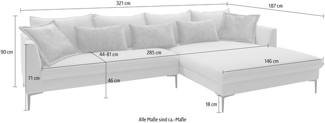 exxpo - sofa fashion Ecksofa »Piazza, elegant und edel, Designsofa mit tollem Sitzkomfort,« Longchair Ecke in hochwertiger Verarbeitung, Stellmasse 321x187 cm