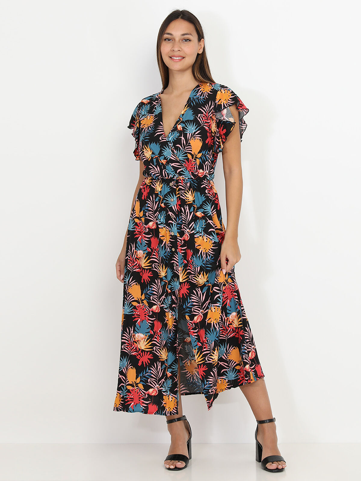 Robe longue à imprimé tropical et flamant- Noir