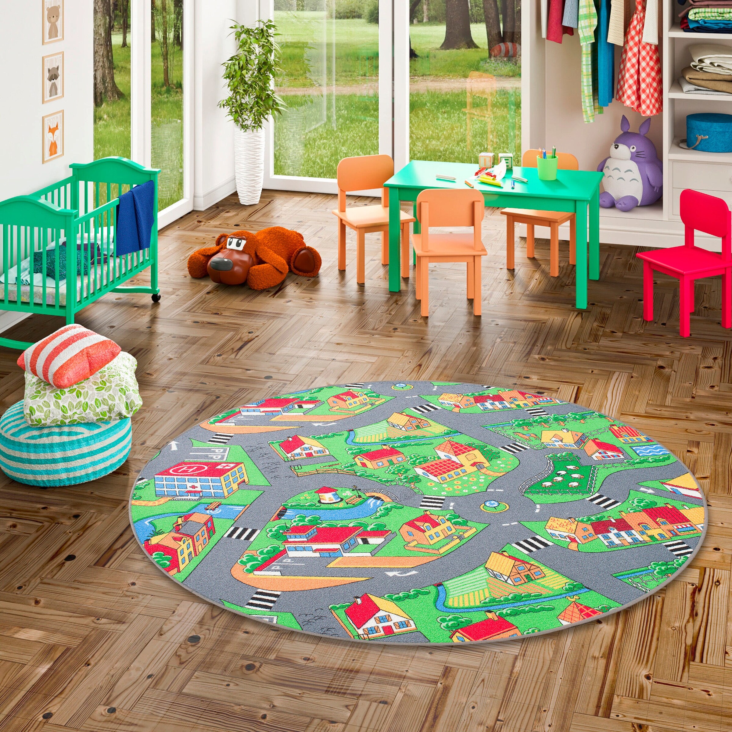 Snapstyle Kinder Spiel Teppich Little Village Rund Bunt