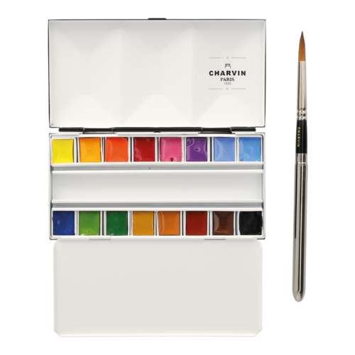 CHARVIN extrafeine Aquarellfarbe, 16 x 1/2 Näpf. und 1 Reisepinsel, Metallkasten