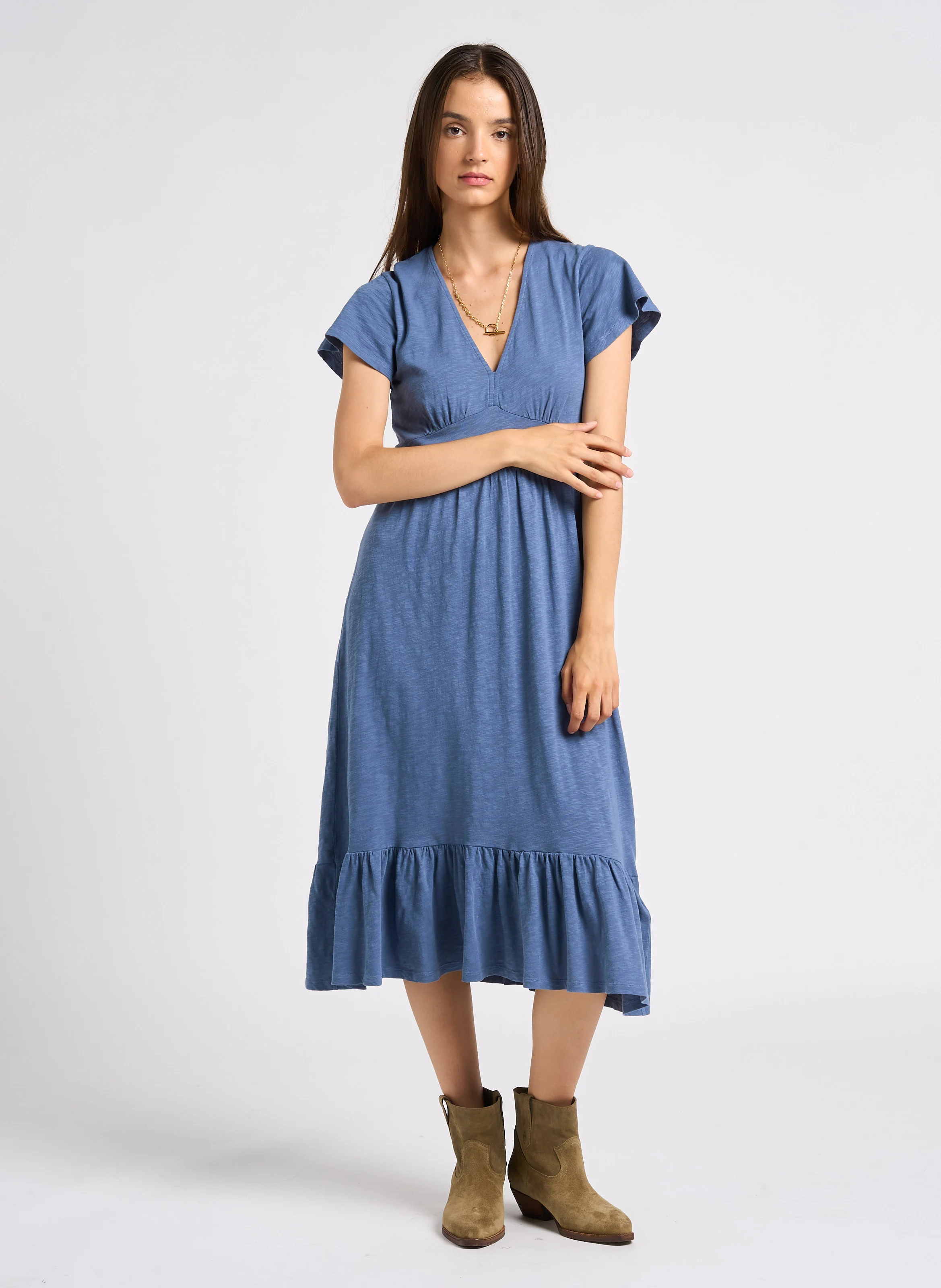 VALMA - Robe midi col V en coton| Bleu