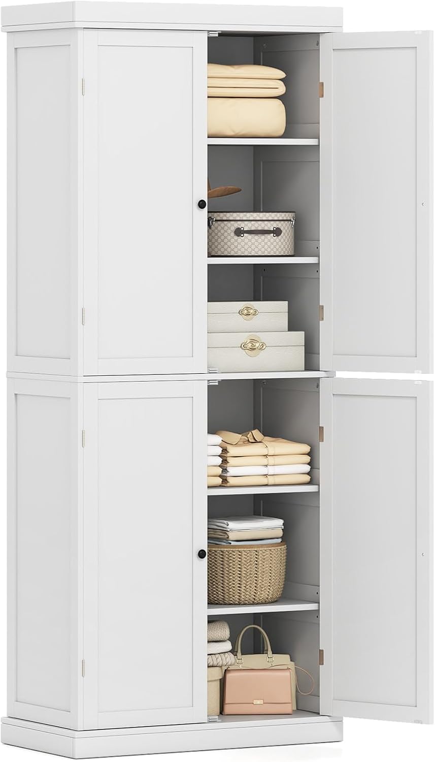 COSTWAY 6 stöckiger Küchenschrank, Hochschrank Küche mit 4 Türen & verstellbaren Regalen, Vorratsschrank freistehend, für Badezimmer, Wohnzimmer, Esszimmer, Büro, 76 x 40 x 184,5 cm, Weiß