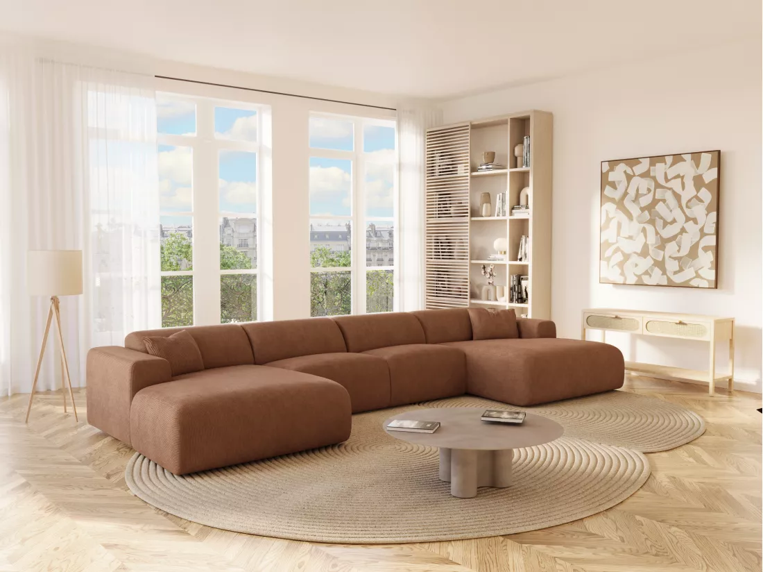 Grand Canapé d'angle panoramique en tissu texturé terracotta POGNI de Maison Céphy