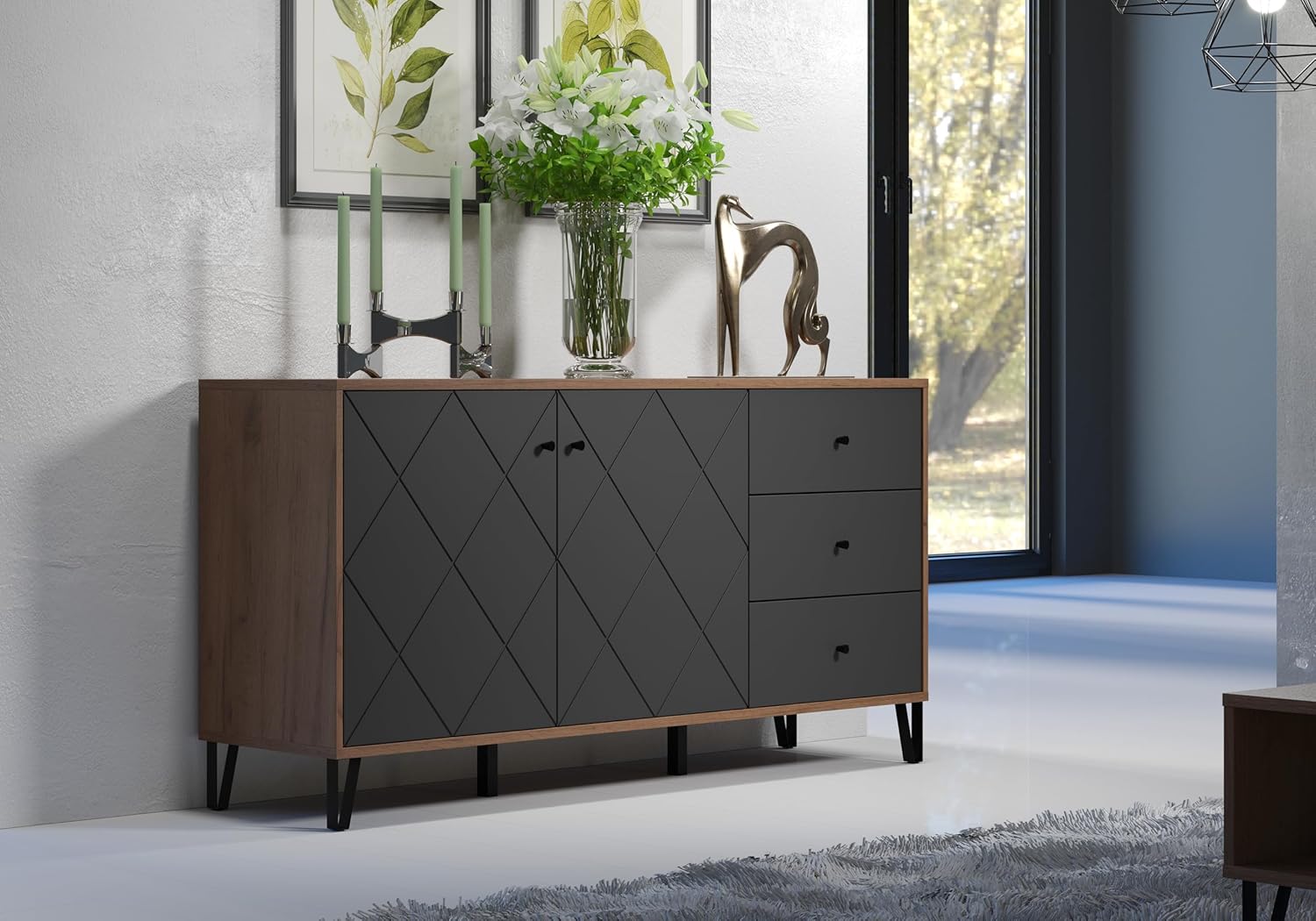 trendteam smart living - Montez - Sideboard - Eiche Kraft Gold/Graphite - 4 Fächer und 3 Schubladen - (BxHxT) 183 x 76 x 40 cm - Soft-Close- und Vollauszug-Funktion - kratzfest