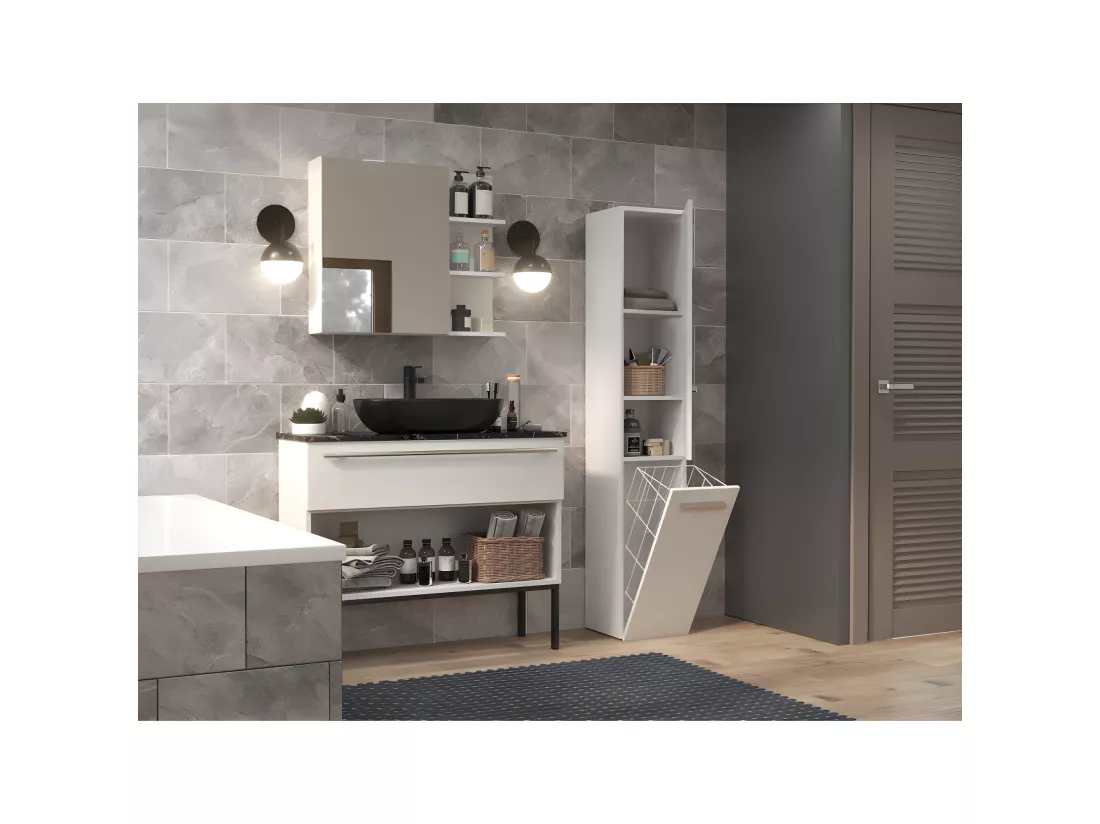 YANA - Meuble salle de bain avec panier à linge - 31x30x174cm - Colonne rangement SDB