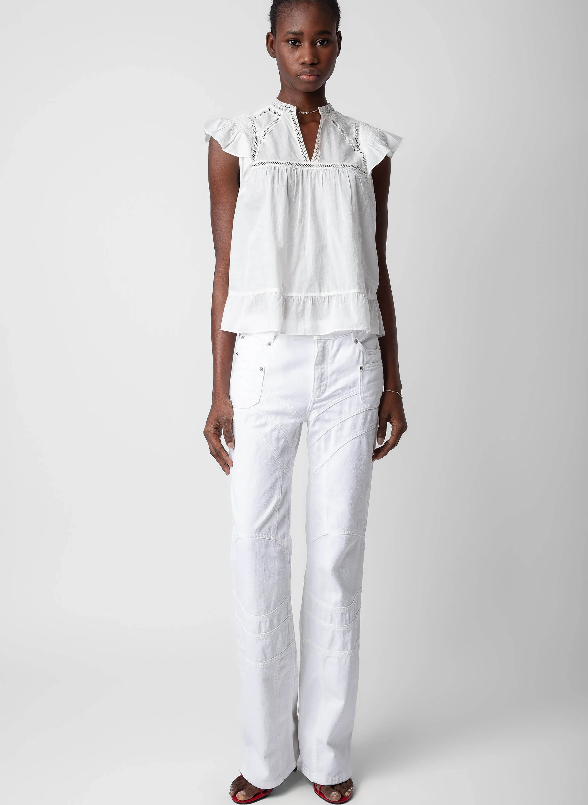 ELVIRA - Jean flare à empiècements en coton | Blanc