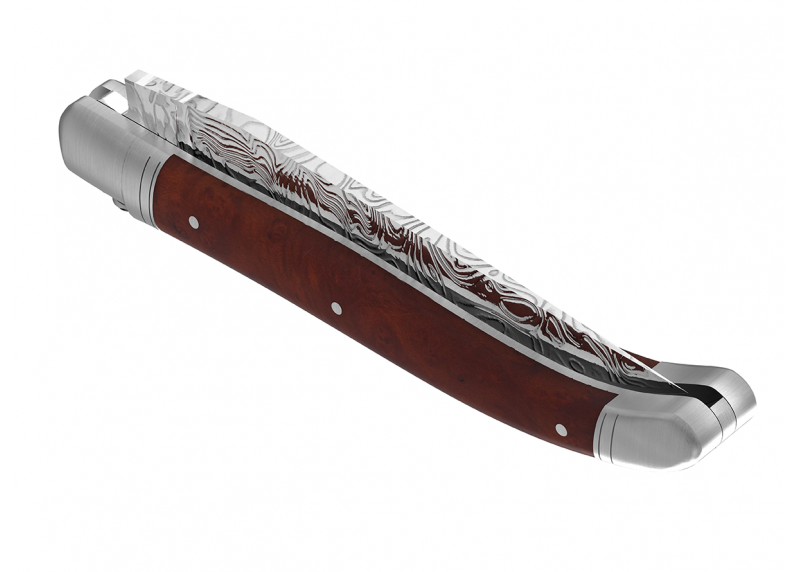 Couteau Laguiole collection damas avec un manche en loupe d'amboine et 2 mitres en acier inoxydable