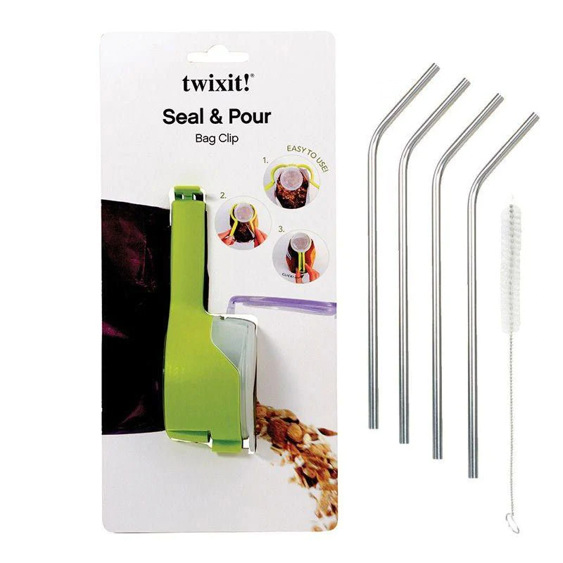Pince à sachet avec bec verseur + 4 pailles en inox Youdoit