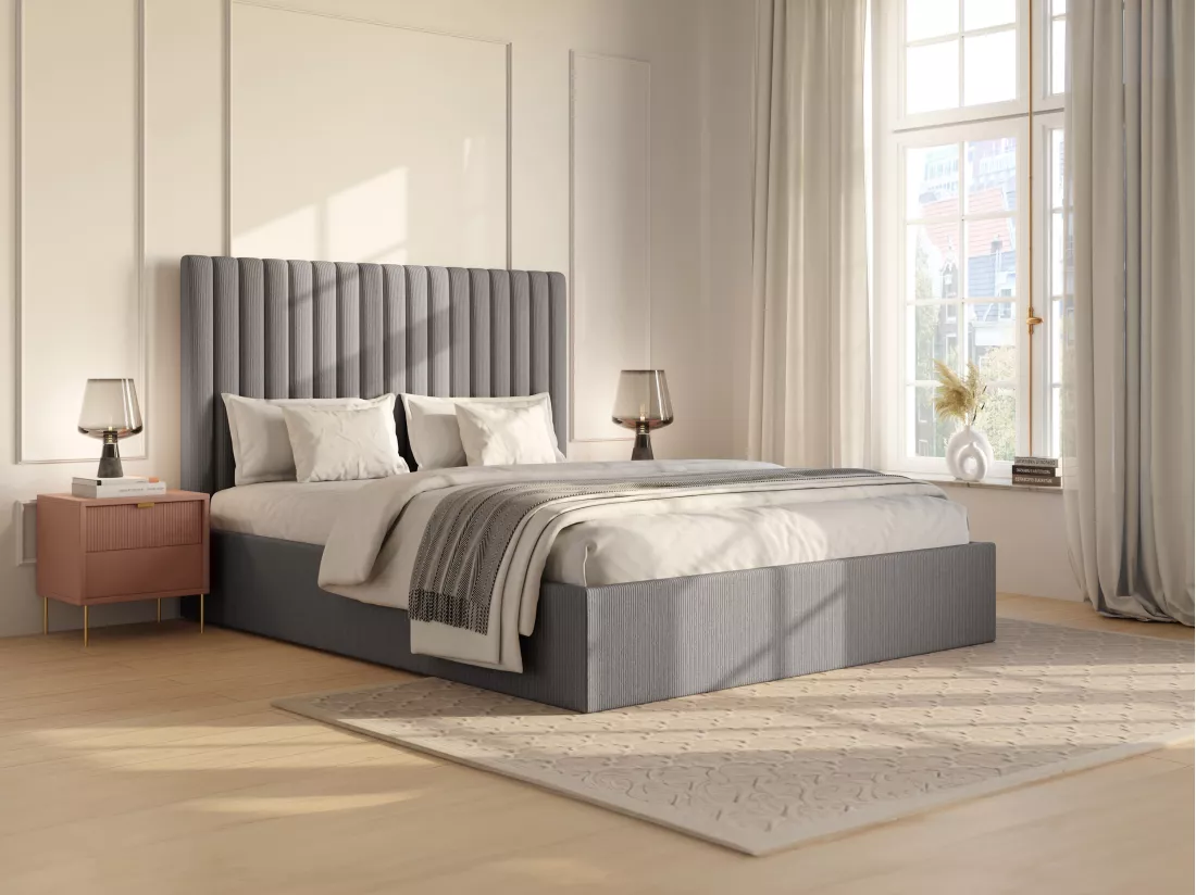 Lit coffre 140 x 190 cm avec tête de lit coutures verticales - Velours côtelé - Gris - SARAH