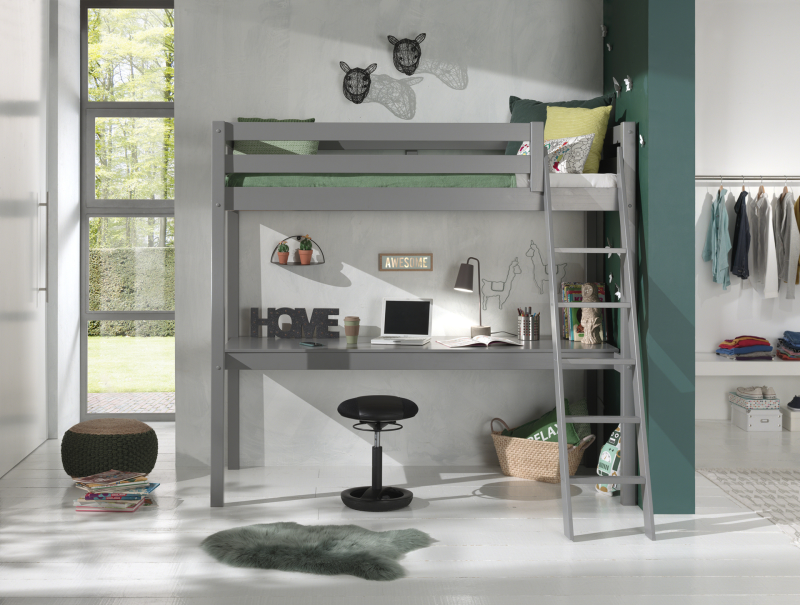 Hochbett mit Schreibtisch - Kiefer massiv grau - 90x200 cm