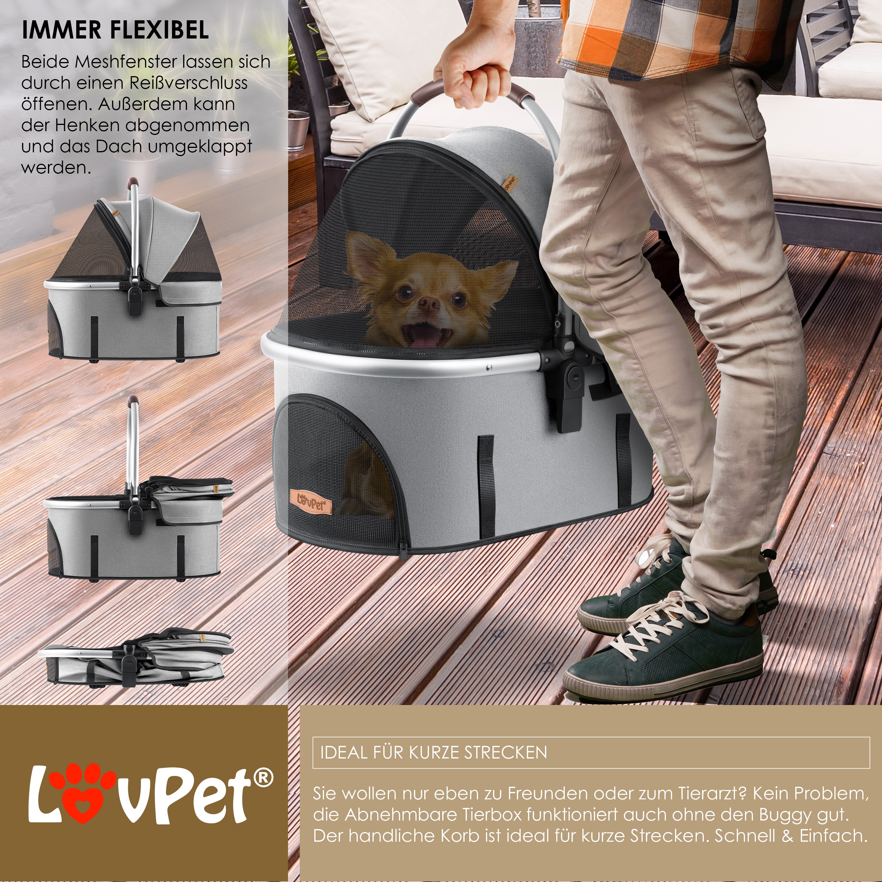 LOVPET® Hundewagen 3in1 Hundebuggy Hundebox Transporttasche 360° Große Räder Faltbar klappbar Haustiere Buggy mit Netzfenstern & Regenschutzabdeckung Jogger Katzenbuggy für kleine Hunde Katzen