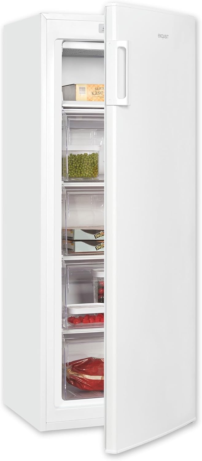 Exquisit Gefrierschrank | 168 l Nutzinhalt, Energieeffizienzklasse D, 40 dB(A) | hohe Bauform, 4-Sterne-Gefrieren, manuelle Temperaturregelung, wechselbarer Türanschlag | GS5230-H-040D weiss