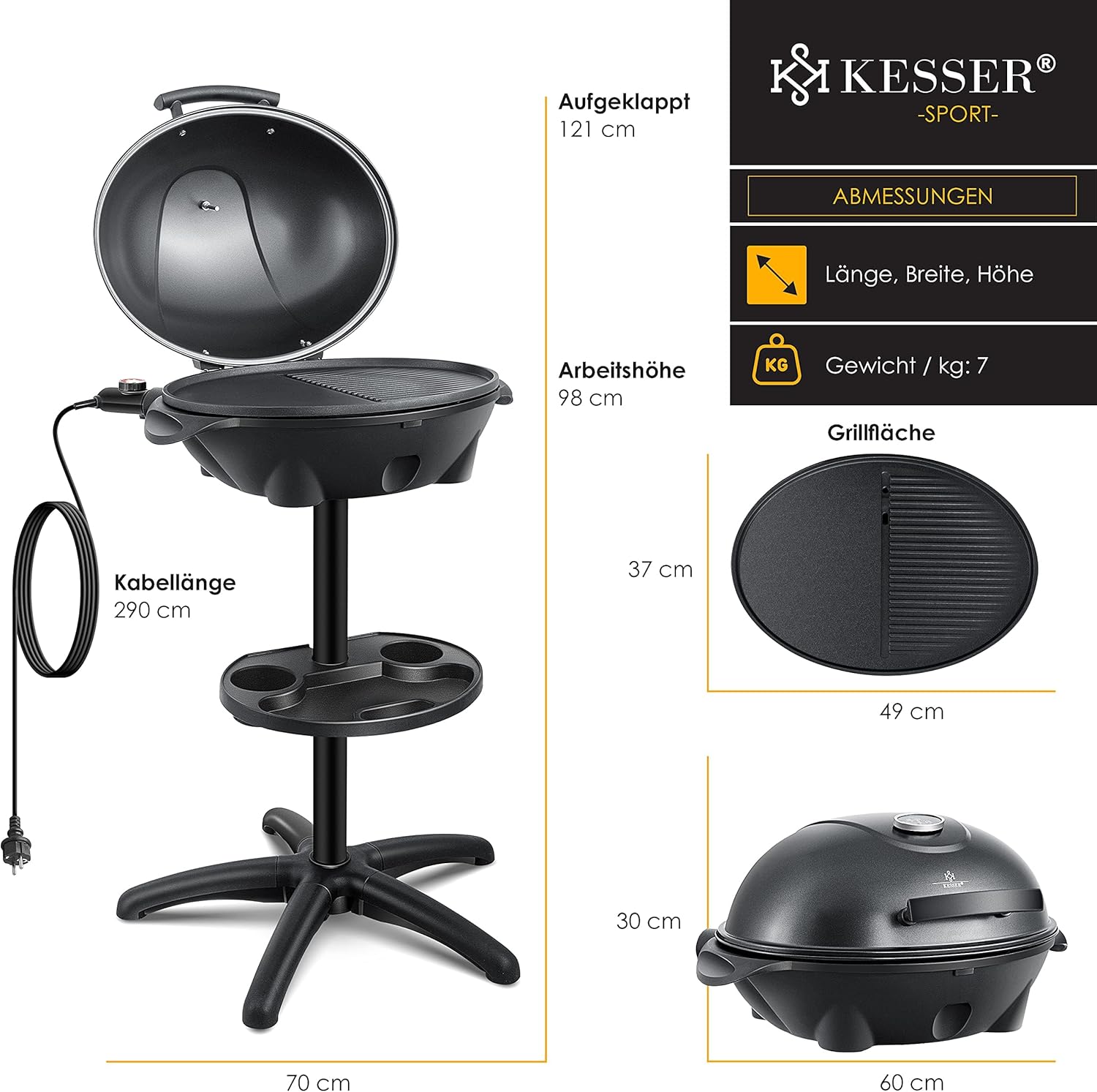KESSER® elektrischer Elektrogrill 2in1 Tischgrill - Standgrill mit Deckel Standfuß | max. 2400 Watt Thermometer | Antihaftbeschichtung | XXL Grillplatte | integrierte Ablagefläche Elektro-Säulengrill
