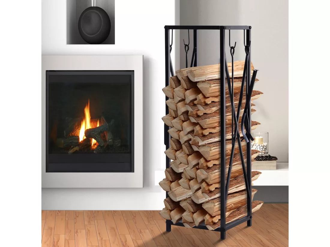 Serviteur de cheminée colonne - porte bûches - range bûches multi accessoires dim. 34L x 34l x 111H cm métal noir