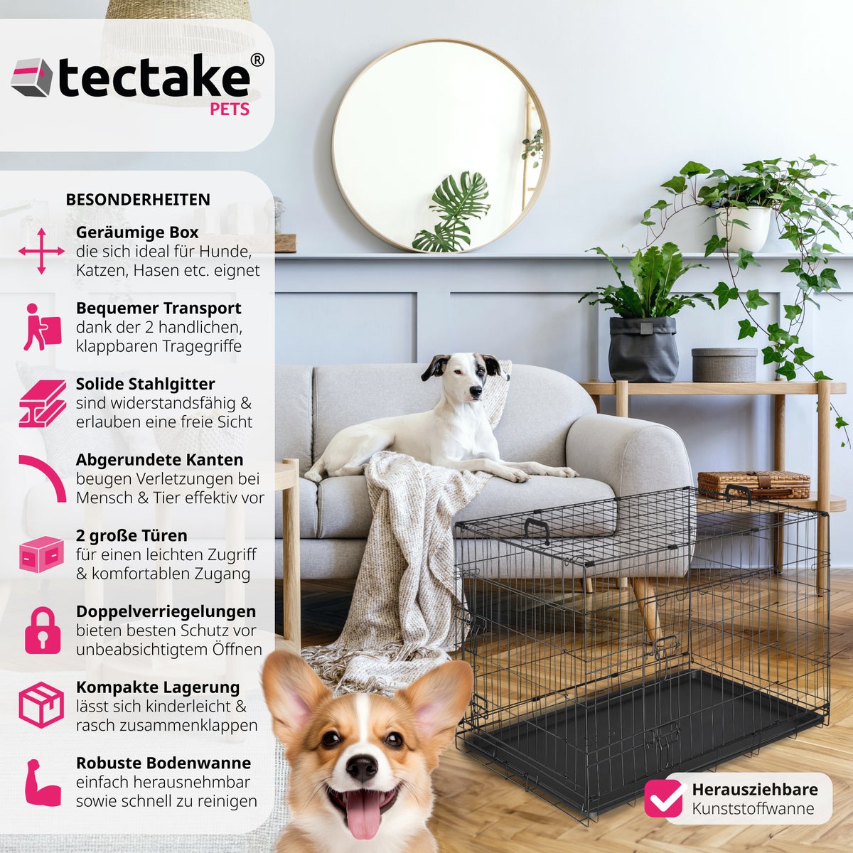 tectake Luna opvouwbare hondenbench/krat met 2 draaggrepen en afgeronde hoeken
