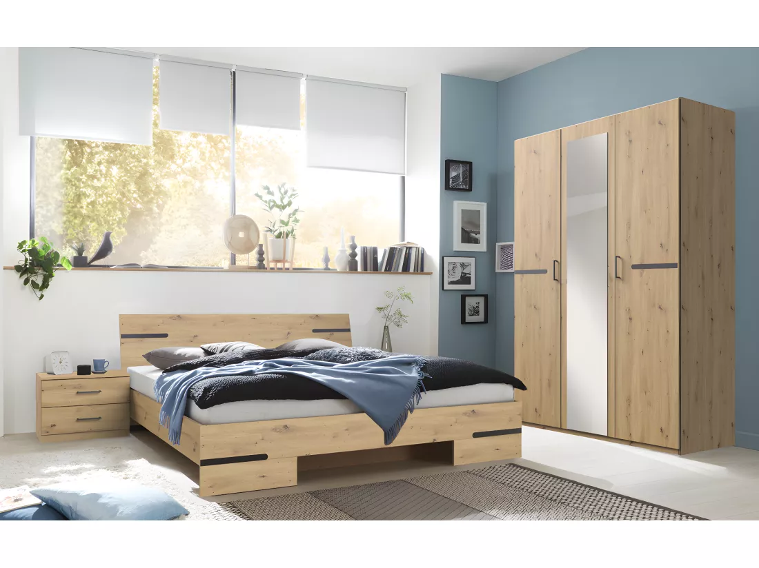 Chambre à coucher complète adulte (lit 140x190cm + 2 chevets + armoire)