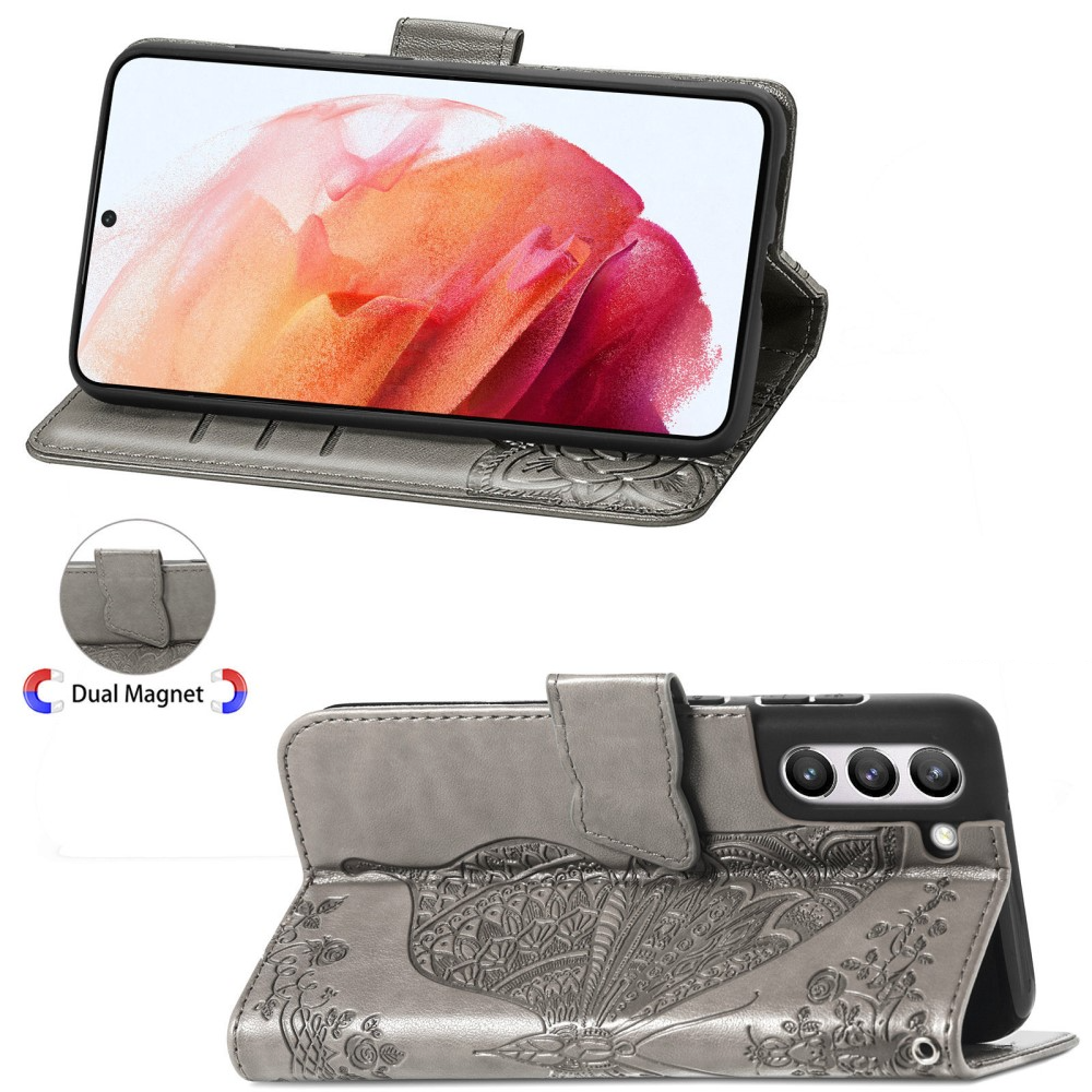 Samsung Galaxy S21 FE 5G Leder Tasche Flip Cover Schmetterlinge Imprint - Grau