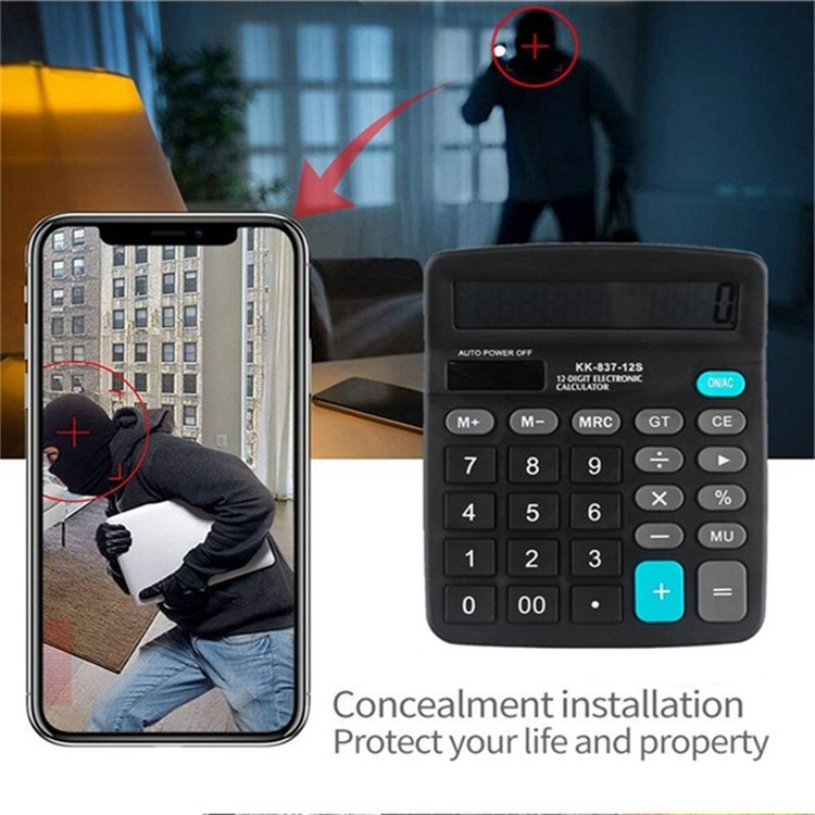 Taschenrechner mit integrierter Mini WiFi IP Kamera Full HD 1080p mit Akku (1500mAh)   Micro SD Kartenslot (iOS/Android) - Schwarz