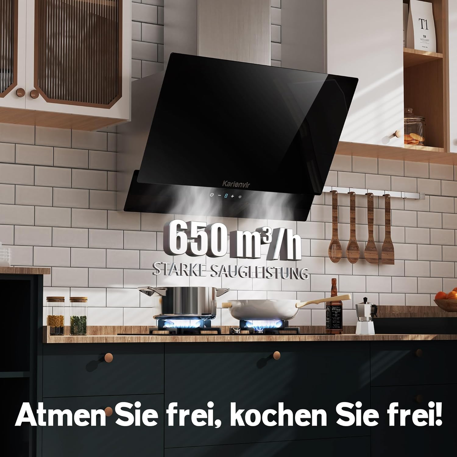 Dunstabzugshaube 60cm Seitenansaugung, 500m³/h Saugleistung, A++ Energieeffizienz, Edelstahl 430, 2x 1,5W LED-Beleuchtung, Touchpanel