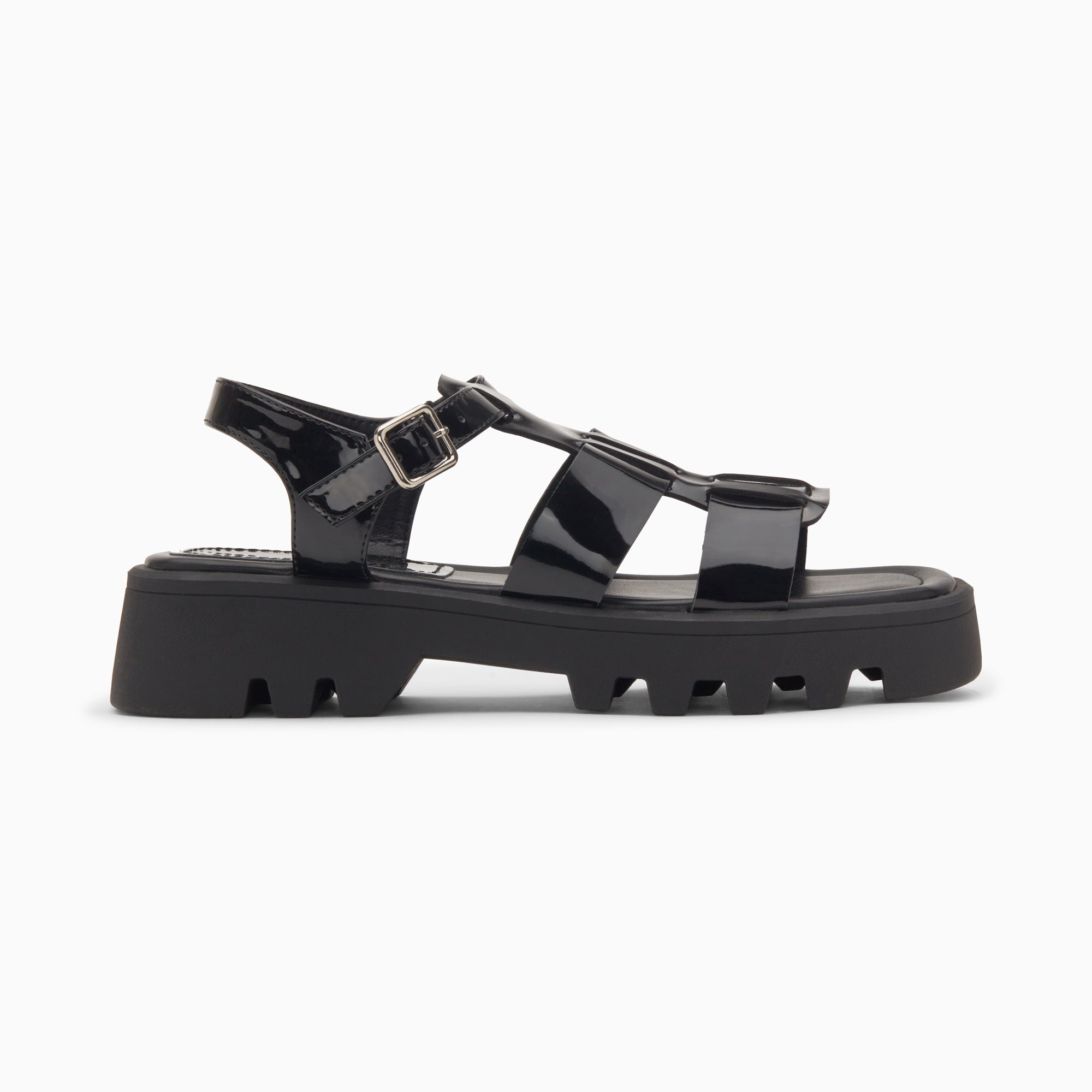 Sandales plates-Sandales Edmée noir verni à plateforme crantée