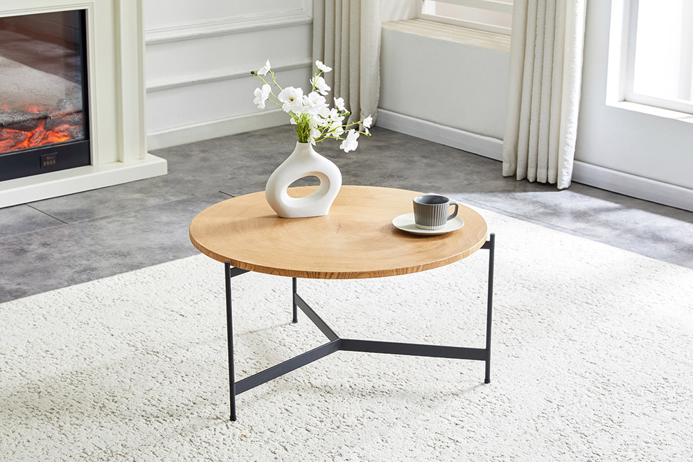 Runder Couchtisch FUSION 70cm natur Eichenholz schwarzes Metallgestell Beistelltisch