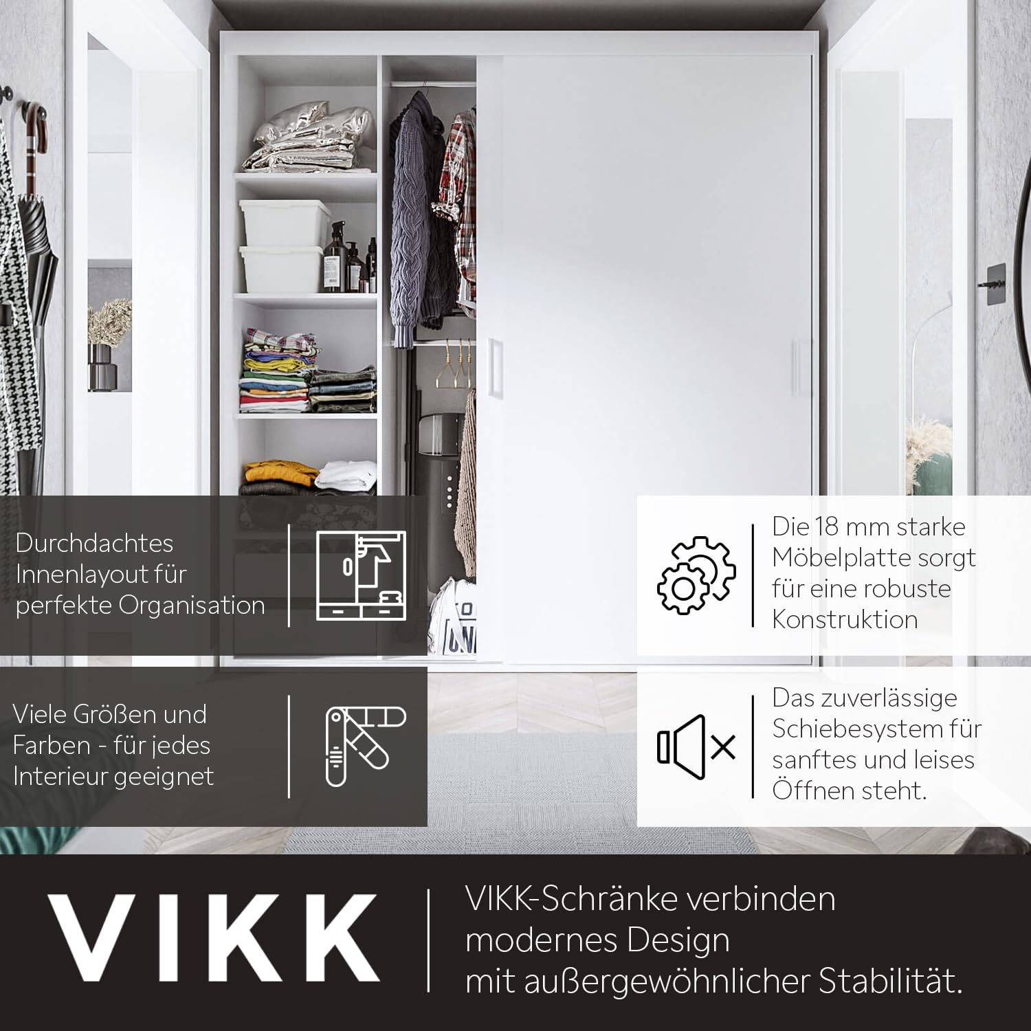 VIKK - Kleiderschrank - Garderobenschrank Groß mit Spiegel - 220x60x225cm - Schrank mit Schiebetüren, 2 Kleiderstangen, Schrank nach Bestelleingang gefertigt, FLA Weiß, Innenausstattung MAX