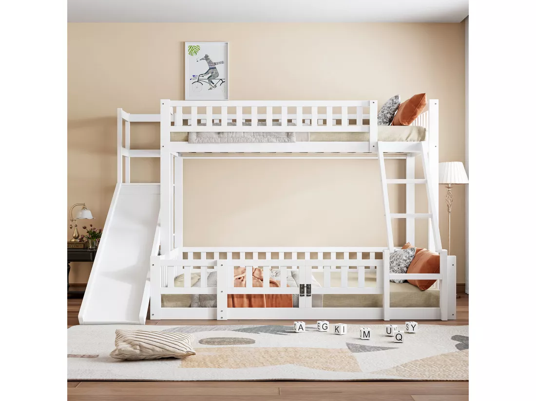 Lits superposés 140 x 200 cm + 90 x 200 cm avec toboggan, étagères et barrières de protection - Pin+MDF - Blanc (sans matelas)