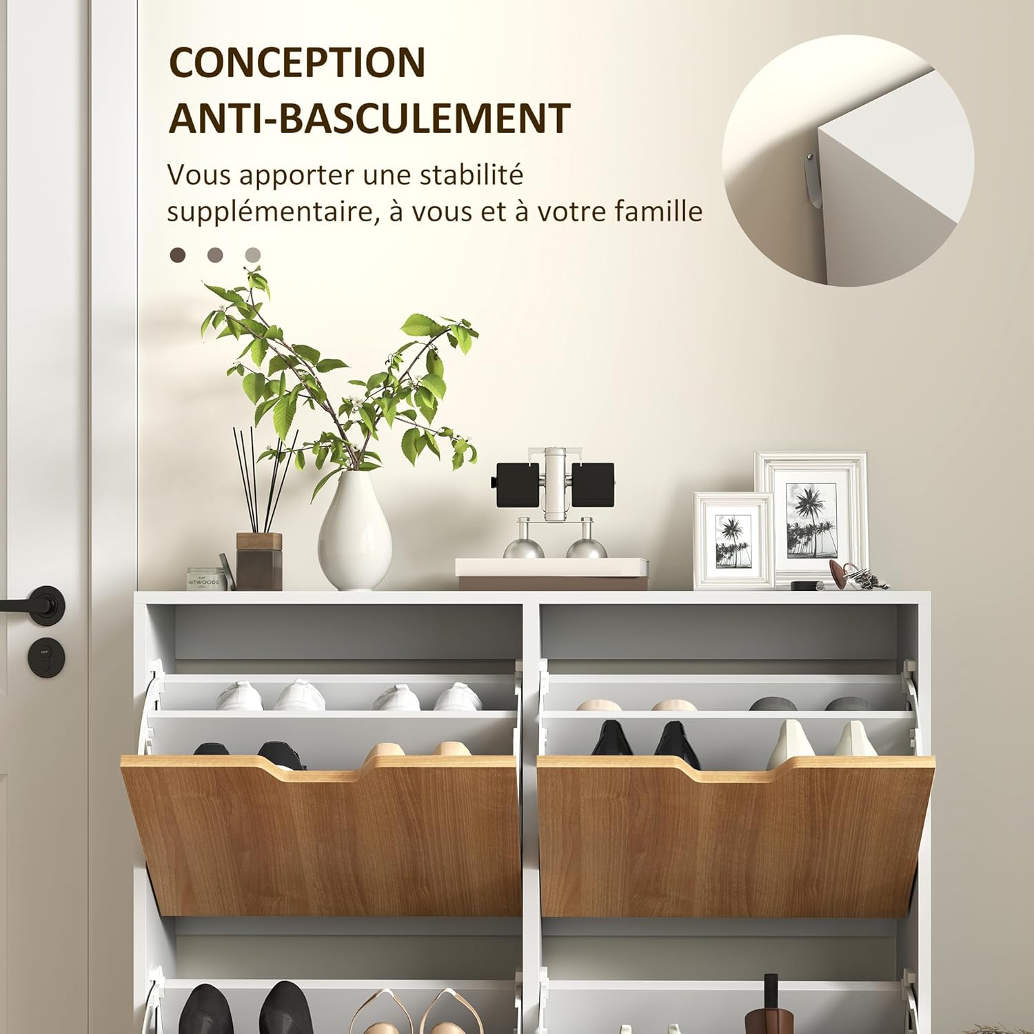 HOMCOM Meuble à Chaussures 4 abattants, Armoire à Chaussures 16 Paires, avec étagère réglable, Pieds en Bois, Rangement Chaussure, Grande capacité pour Couloir, entrée, 95 x 26 x 95 cm, Blanc EV3077500