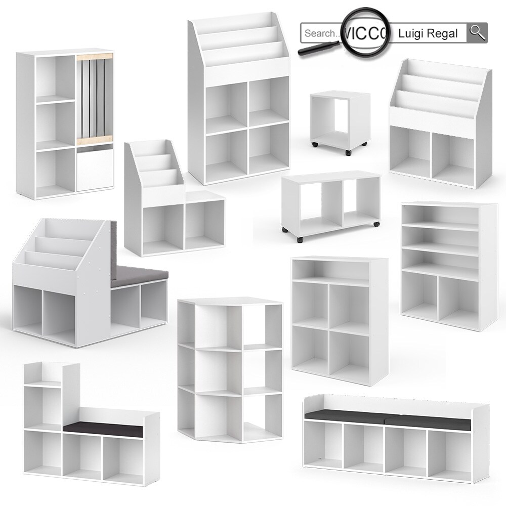 Vicco Sitzbank Kinderzimmerbank Kinderregal Luigi Weiß 142x53 cm modern Kinderzimmer Regal Aufbewahrungsregal Bücherregal Lesebank Spielzeugaufbewahrung Organizer Regal-Bank-Kombi 4 Fächer