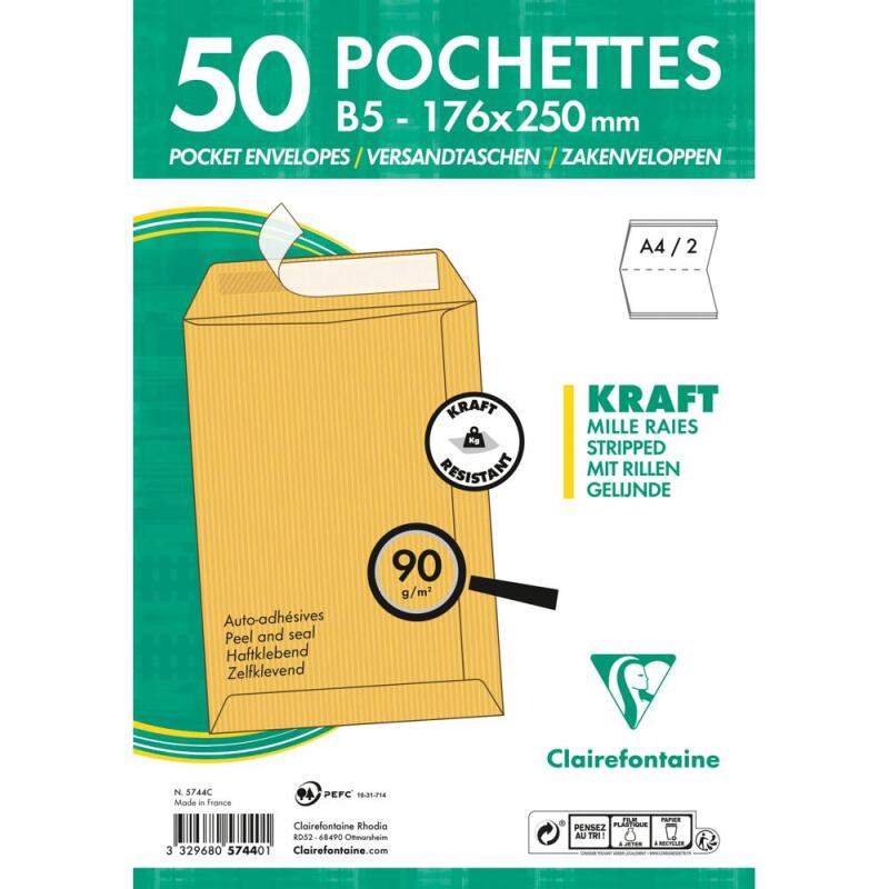Paquet de 50 Pochettes Kraft Milleraies Brun B5-176x250 mm - Auto-Adhésives - 90g/m2 - Brun