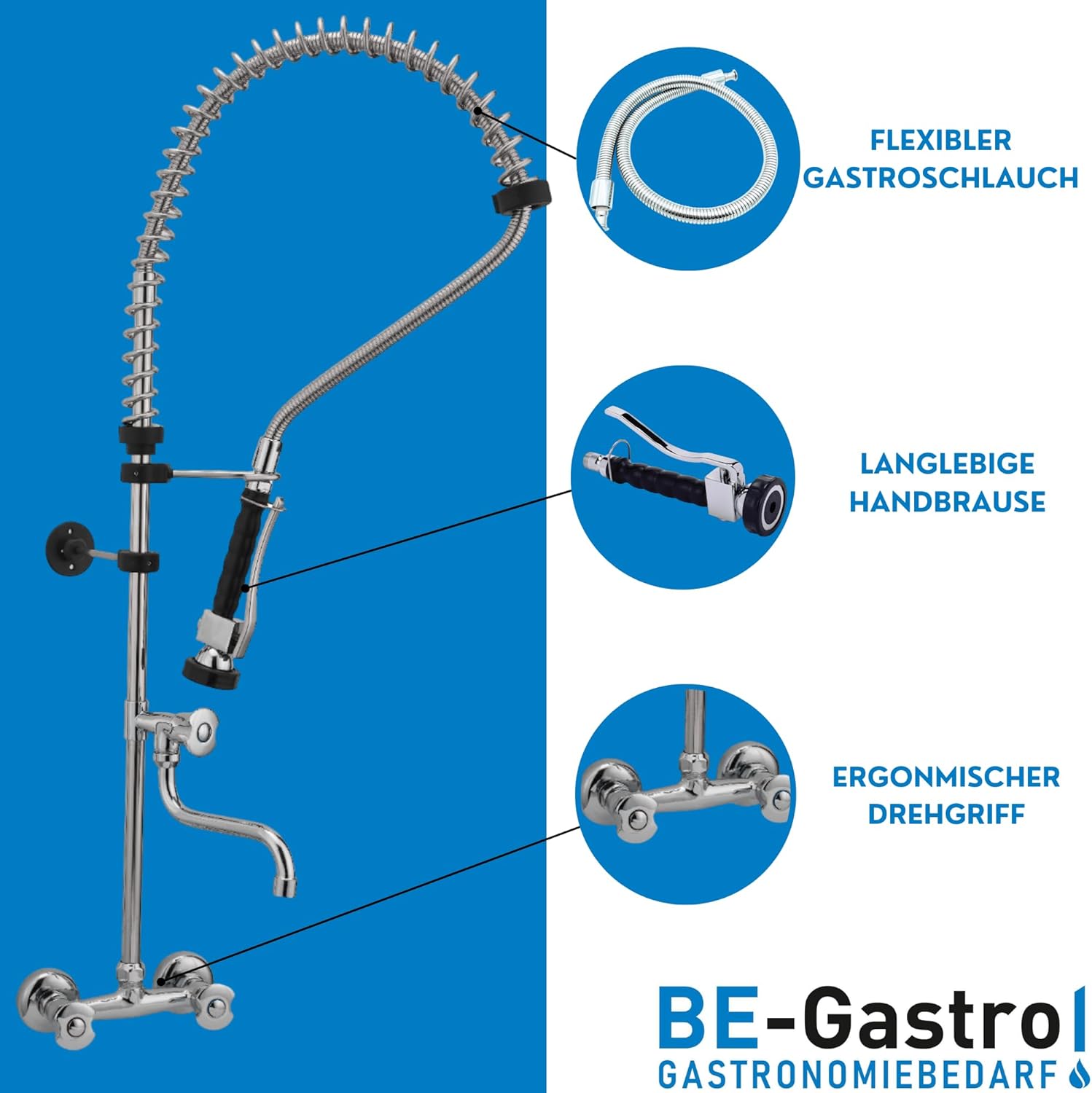 I Profi Gastro Geschirrbrause Zweiloch 'Premium' Wandarmatur inkl. Wasserhahn, Mischbatterie & ergonomischem Drehgriff | Gastrobrause mit Zubehör, Gastronomie Armatur, Wandanschluss