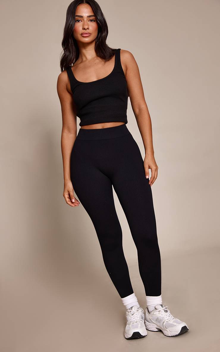 Noir Legging Sans Couture Côtelé Ajusté Petite