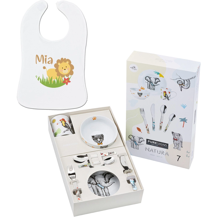Schnullireich Geschenkset mit Namen Natura: Puresigns Kinderbesteck + Geschirr + Lätzchen Silber