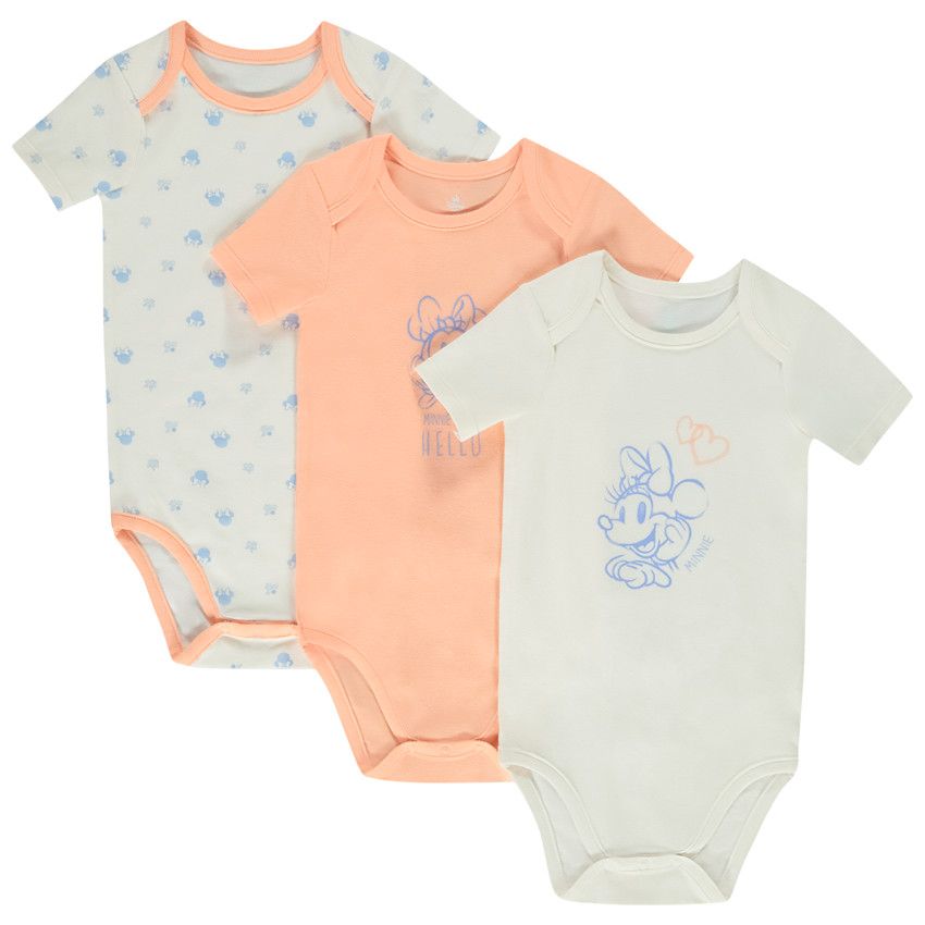 Lot de 3 bodies manches courtes Minnie Disney pour bébé fille avec ouvertures différentes selon l'âge - Corail
