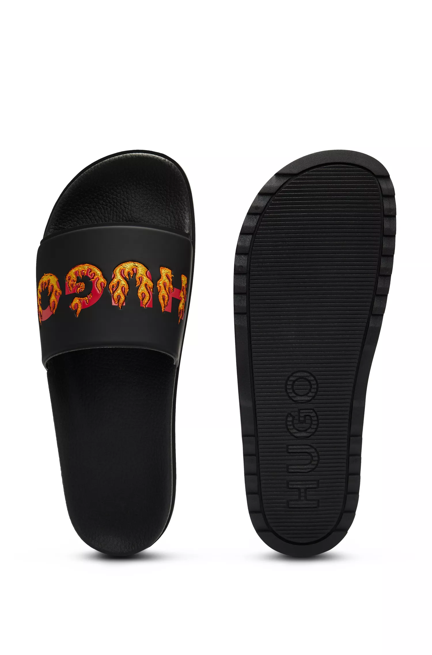 Chinelo HUGO vermelho com logotipo de chama bordado