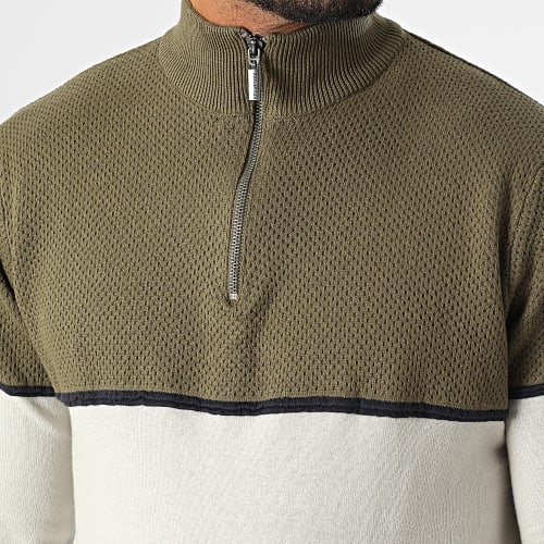 Sweat Col Zippé Samir Vert Kaki Beige