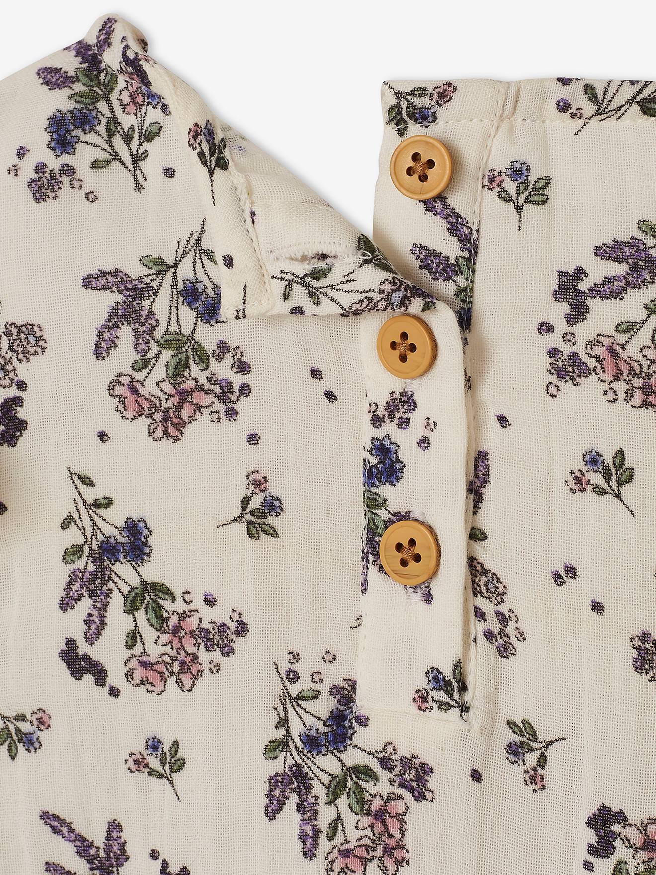 Vestido com detalhes franzidos e motivos florais, para menina, estampa bege claro