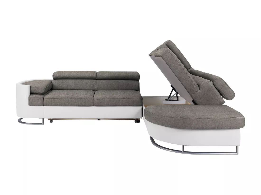 Canapé d'angle droit convertible en simili blanc et tissu gris MYSEN II