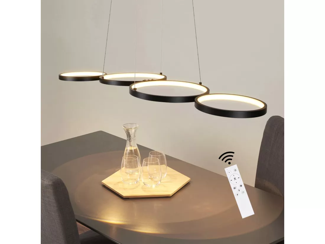 NETTLIFE Suspension LED en aluminium noir Diam.150 cm 54W lampe moderne 4 anneaux design lampe de table à manger dimmable avec suspension pour salon