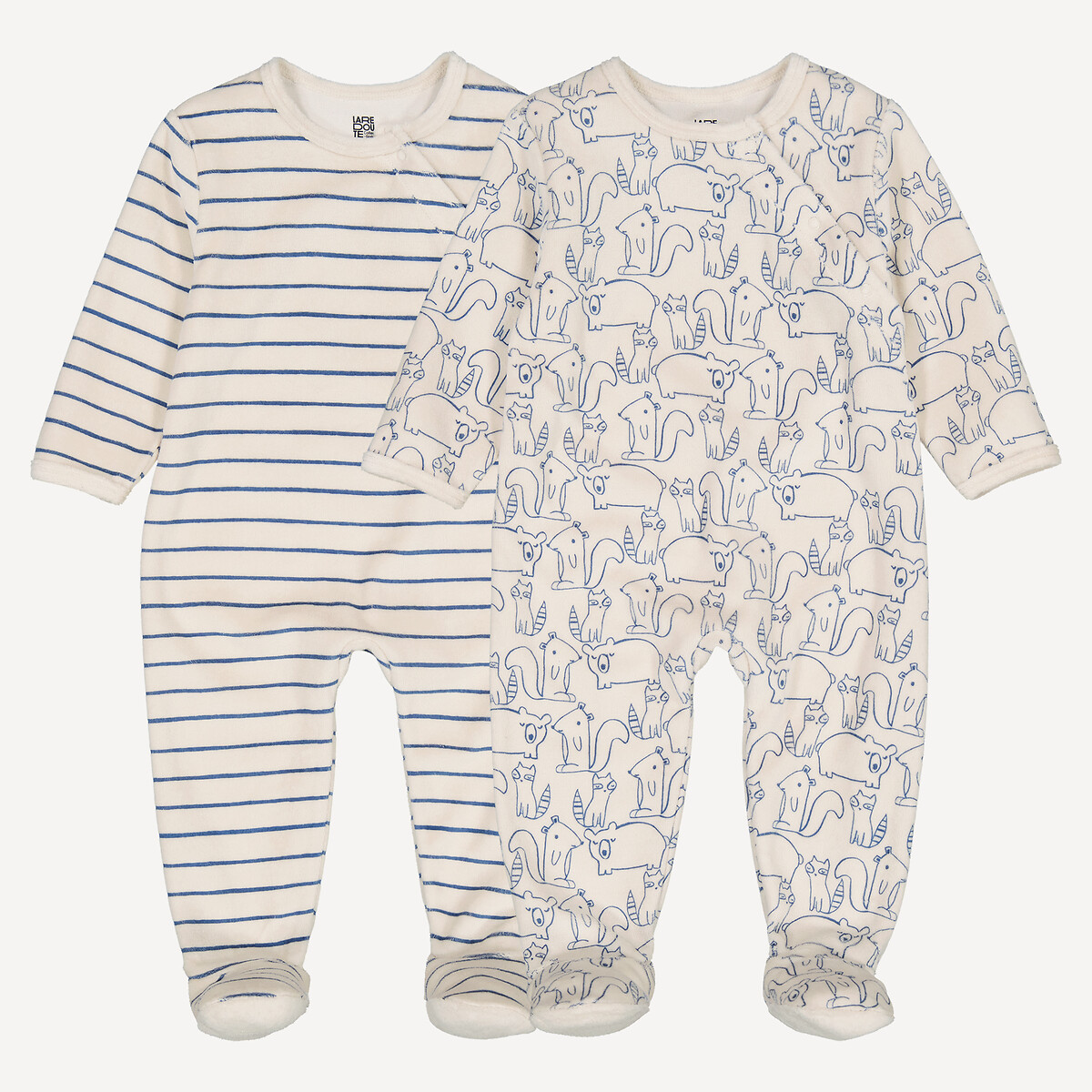 COLEÇÃO LA REDOUTE<br>Conjunto de 2 pijamas de veludo de uma peça com listras e animais