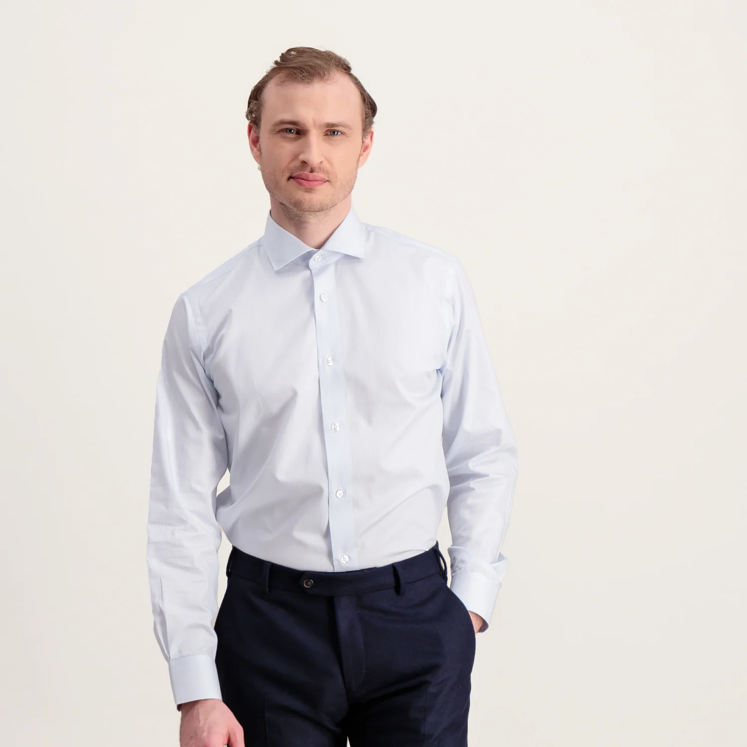 Fitted blue striped twill shirt
