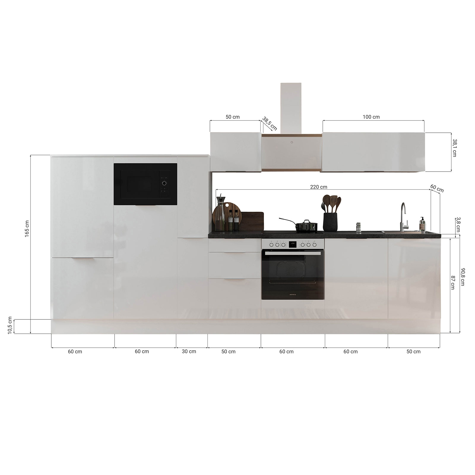 RESPEKTA Küchenblock - grau matt - Artisan Eiche - mit E-Geräten - 370 cm