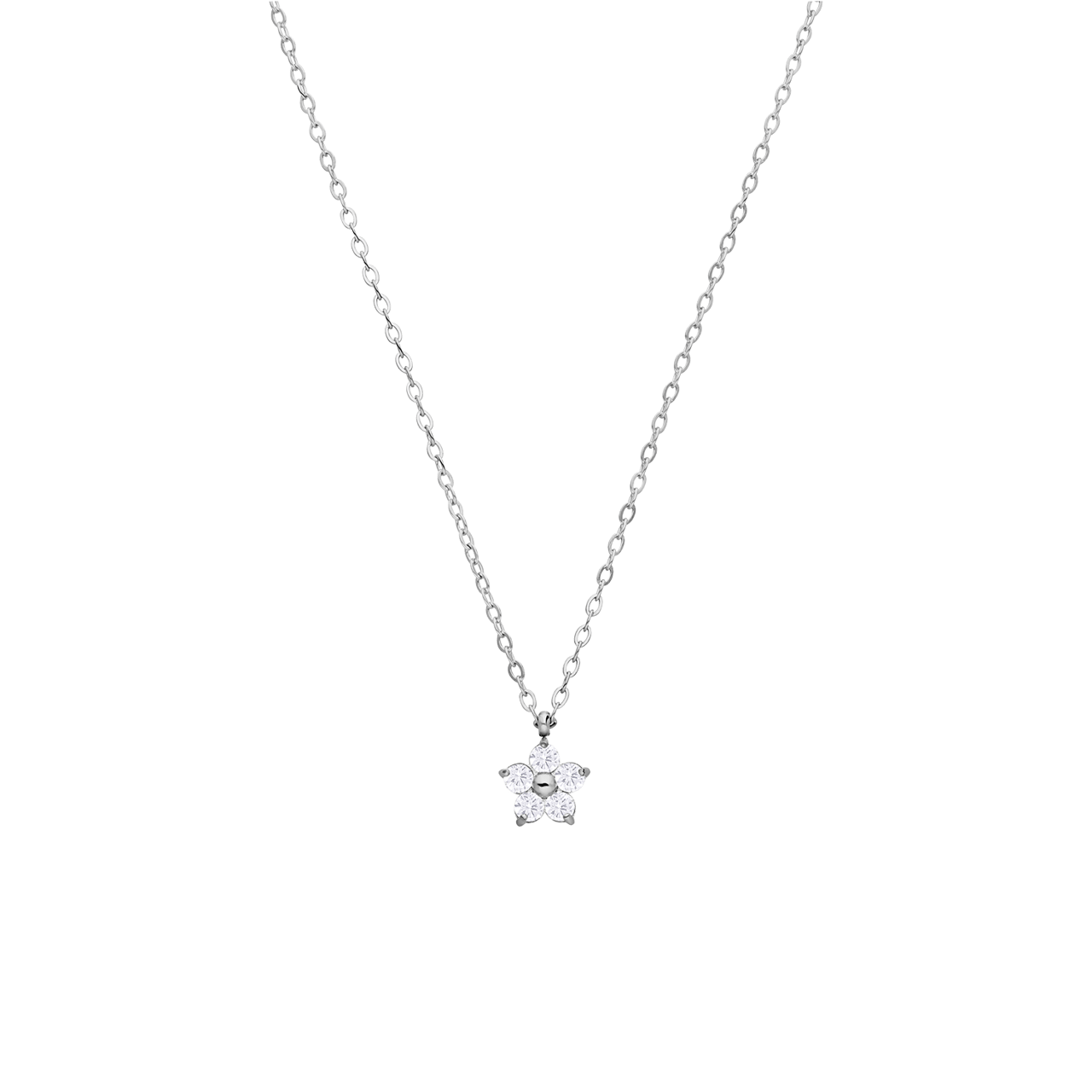 Stalen ketting bloem met zirkonia wit