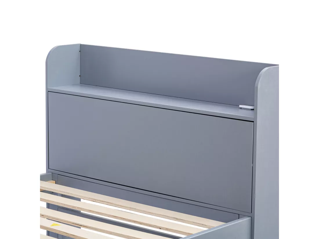 Lit gigogne avec 2 tiroirs - 90 x 190 cm - étagères de rangement et prise USB - bois massif - gris