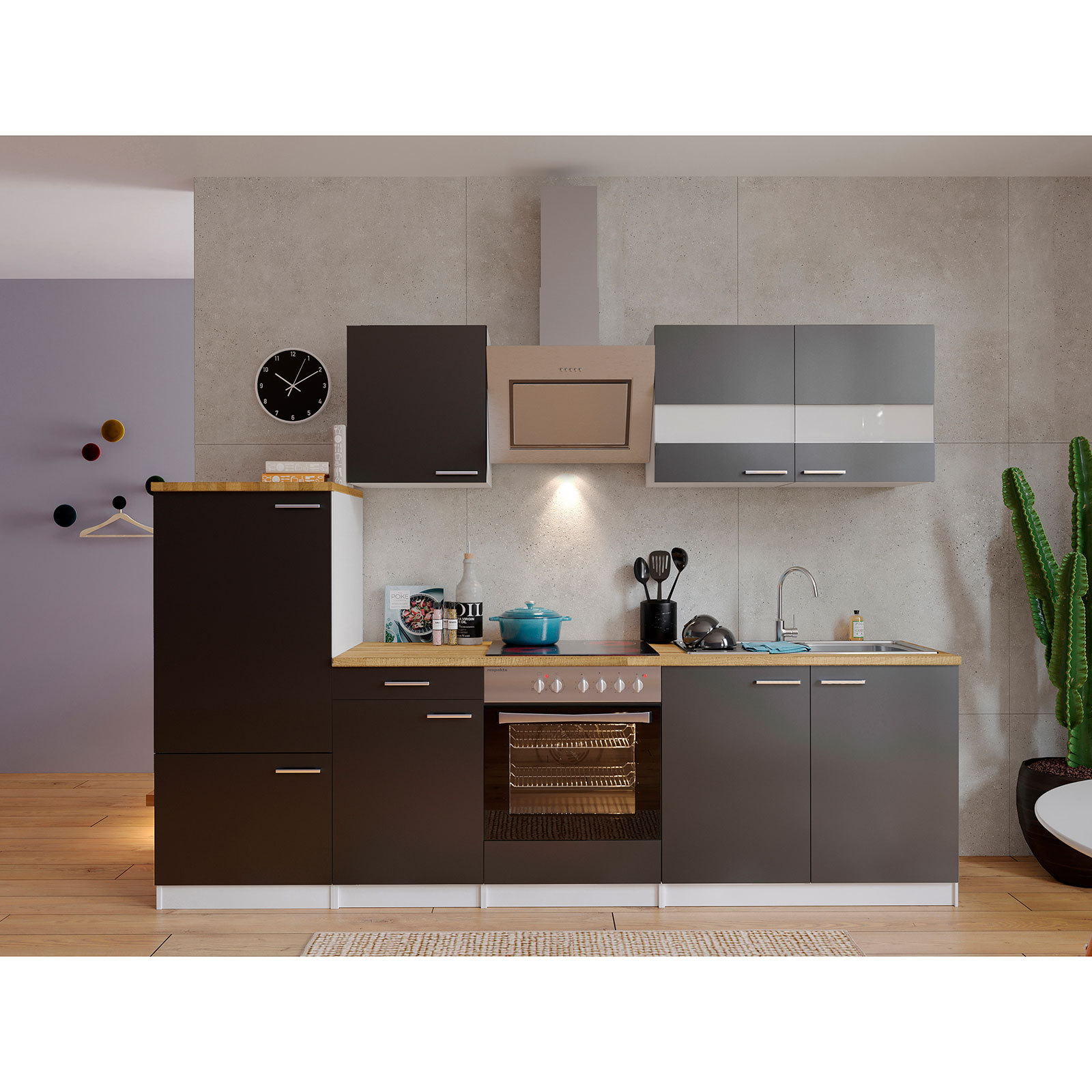 RESPEKTA Küchenblock - grau-weiß - mit E-Geräten - 270 cm