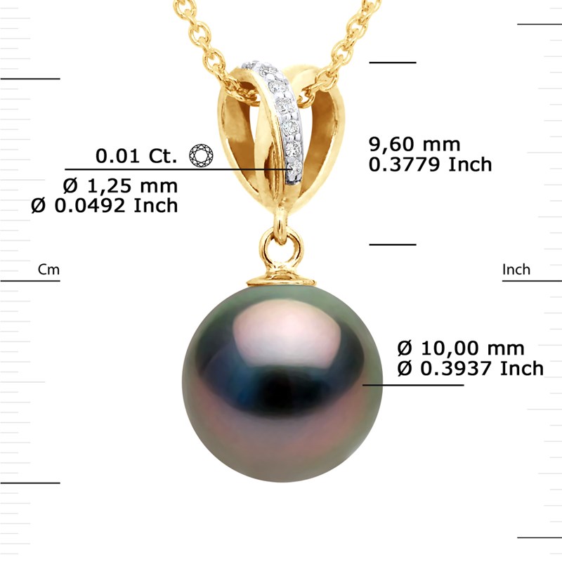 Pendentif DOUBLE NOEUD - Diamant 0,07 Cts - Véritable Perle de Culture de Tahiti Ronde 10-11 mm - Or Jaune