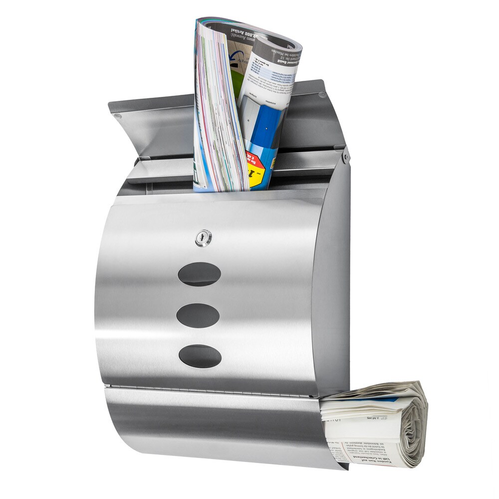 tectake® Briefkasten, rund, aus Edelstahl, 3 Sichtfenster, 300 x 120 x 395 mm