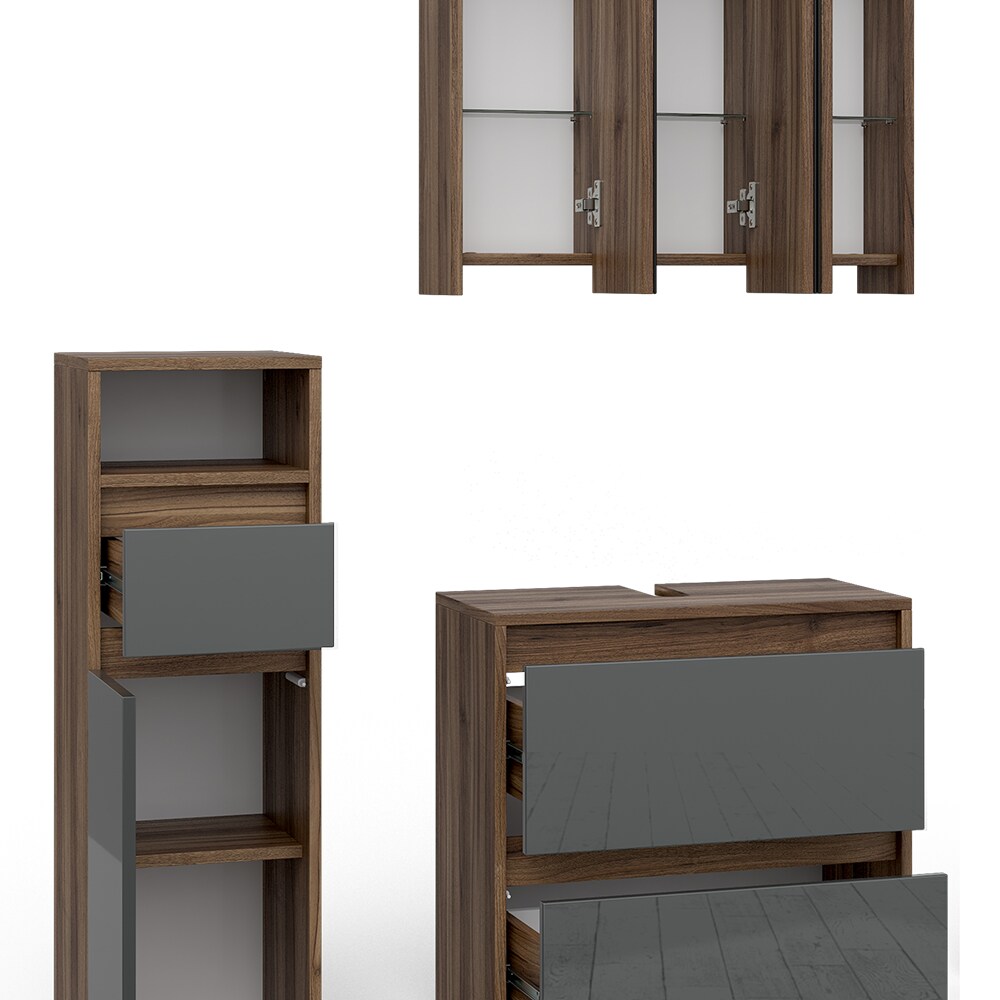 Vicco Badmöbelset Spiegelschrank Unterschrank Midischrank Majest Nuss/Anthrazit