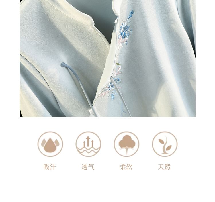 Fioridi - Hanfu-top met lange mouwen, bloemenborduursel en strik / A-lijn rok met hoge taille