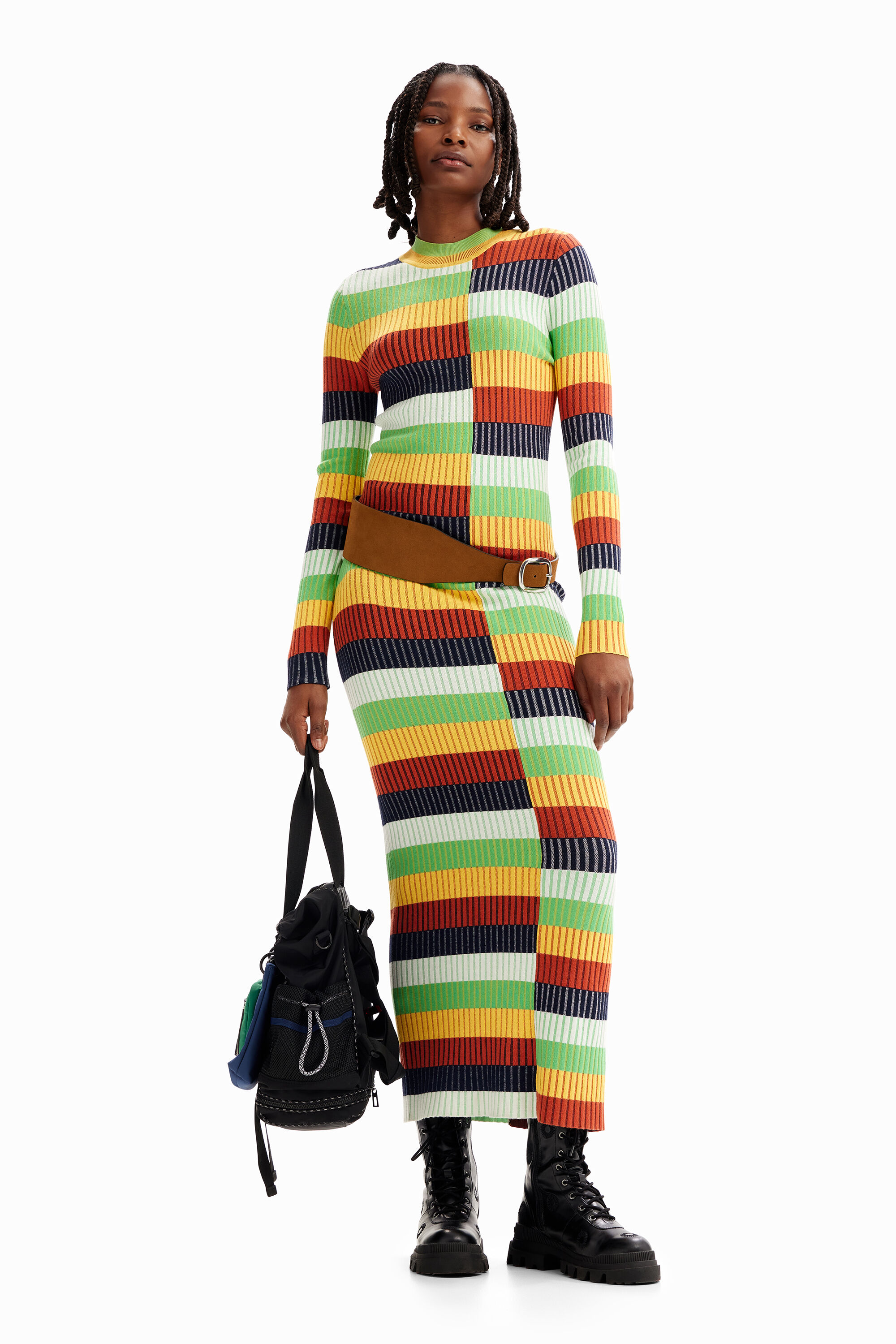 vestido midi de malha listrado